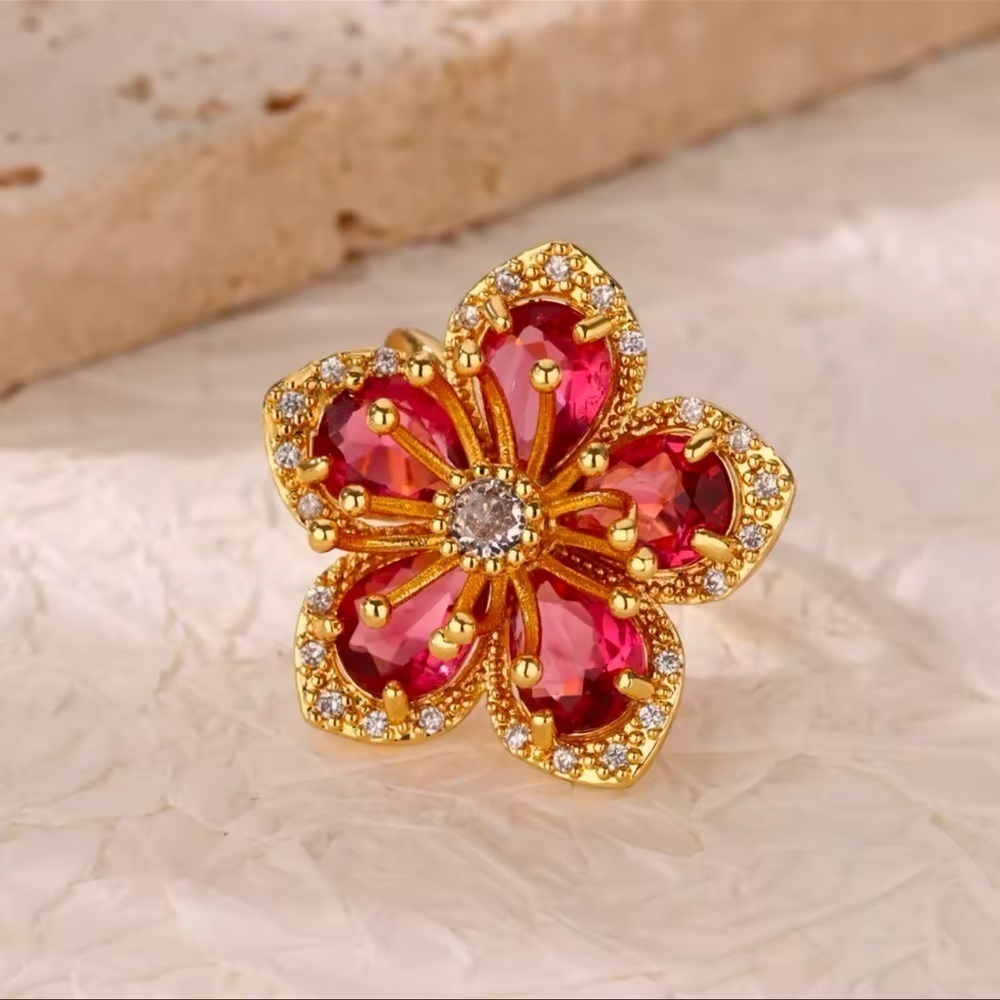 Pink Blossom Gold  Floral Crystal Stainless Steel Adjustable Ring